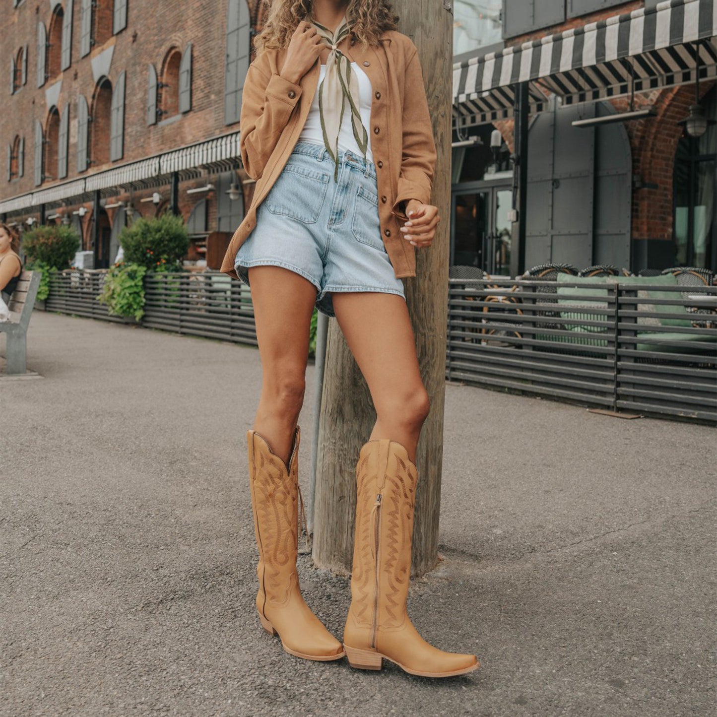 Tan Snip-Toe Grace Embroidery Half-Zip Knee High Cowgirl Boots