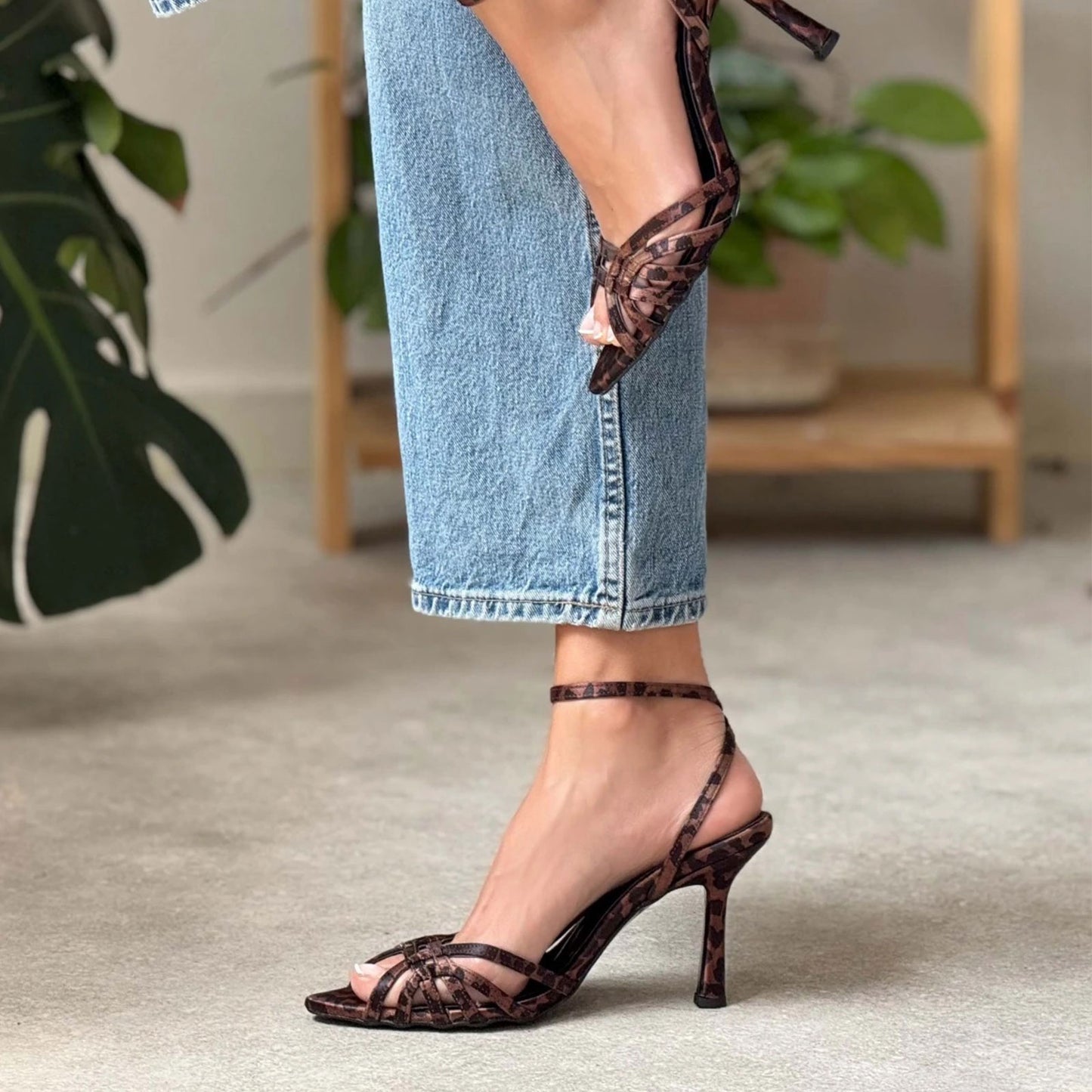 Leopard Satin Pointed-Toe Strappy Back And Ankle Strap High Heels