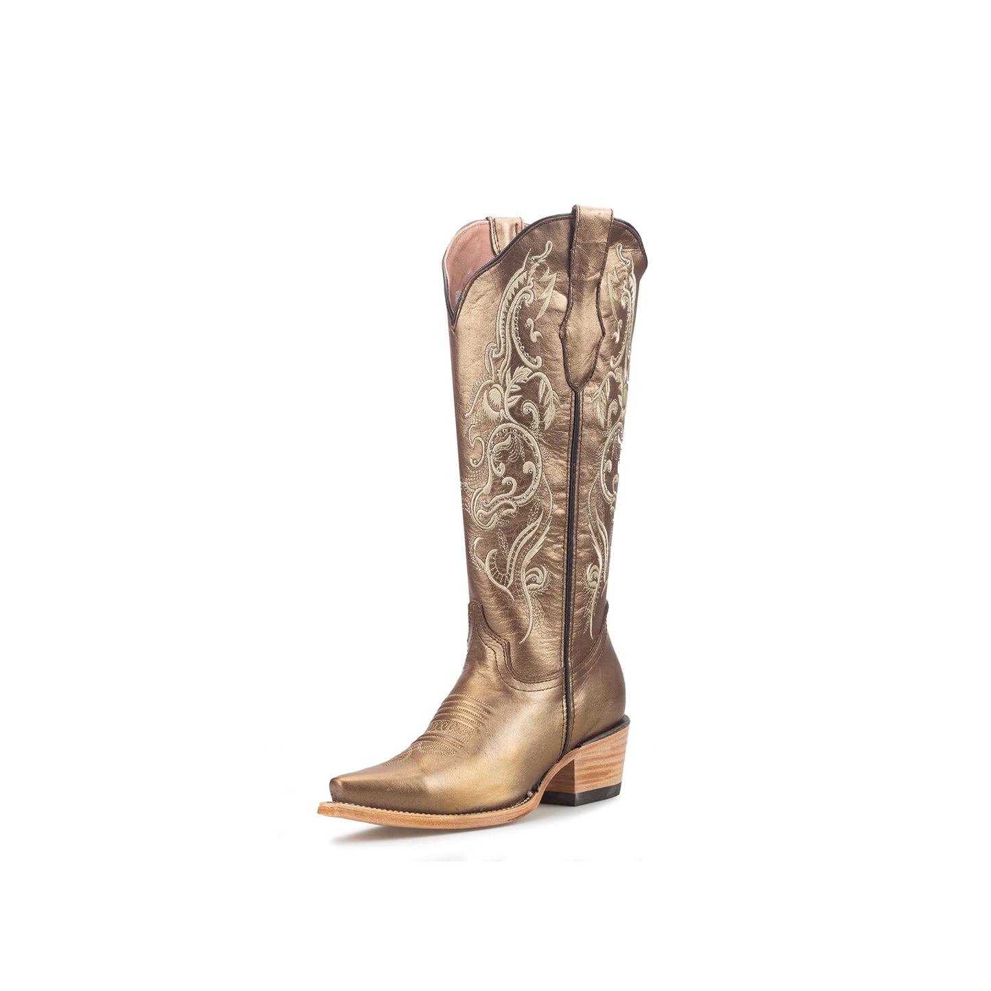 Metallic Bronze Snip-Toe Embroidery Studded Half-Zip Knee High Cowgirl Boots