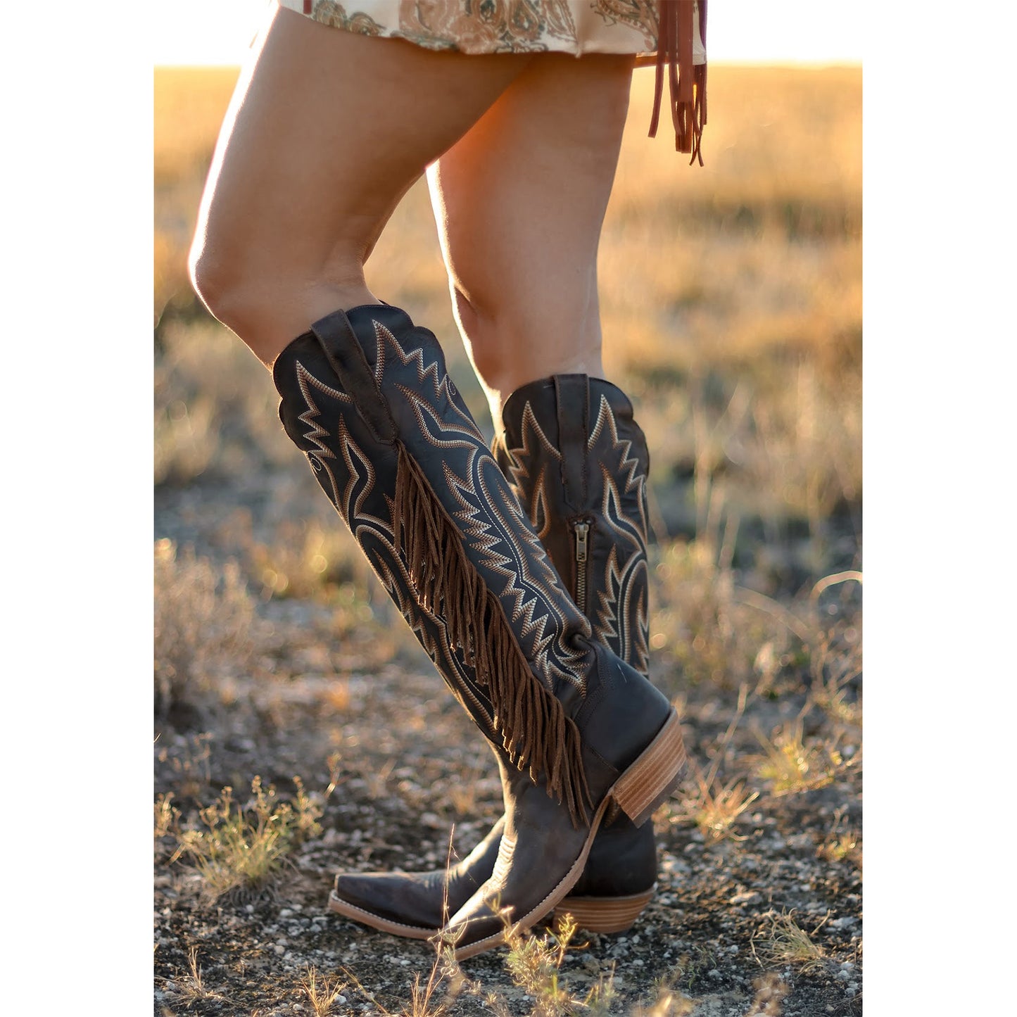 Brown Snip-Toe Side Fringe And Embroidery Full-Zip Knee High Cowgirl Boots