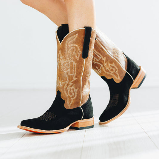 Contrast Brown And Black Faux Suede Square-Toe Chic Embroidery Mid Calf Cowgirl Boots