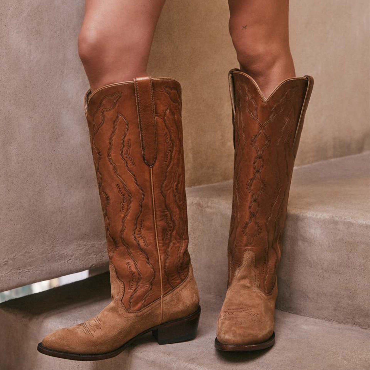 Brown Round-Toe Classic Embroidery Wide Calf Knee High Tall Cowgirl Boots