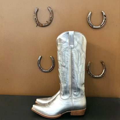 Metallic Silver Snip-Toe Embroidery Wide Calf Knee High Cowgirl Boots