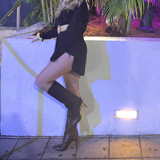 Black Crocodile Print Pointed-Toe Simple Wide Calf Knee High Stiletto Boots