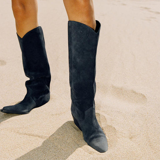 Dark Blue Faux Suede Pointed-Toe Simple And Sleek Knee High Cowgirl Boots