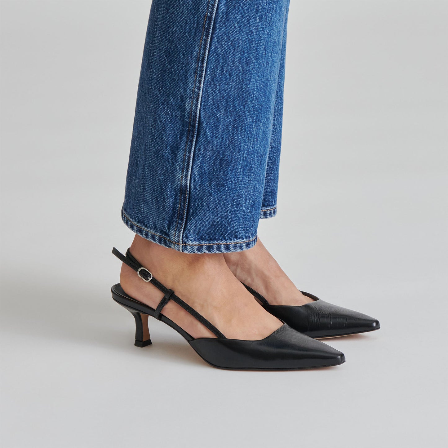 Black Pointed-Toe Classic Slip-On Slingback Kitten Heels