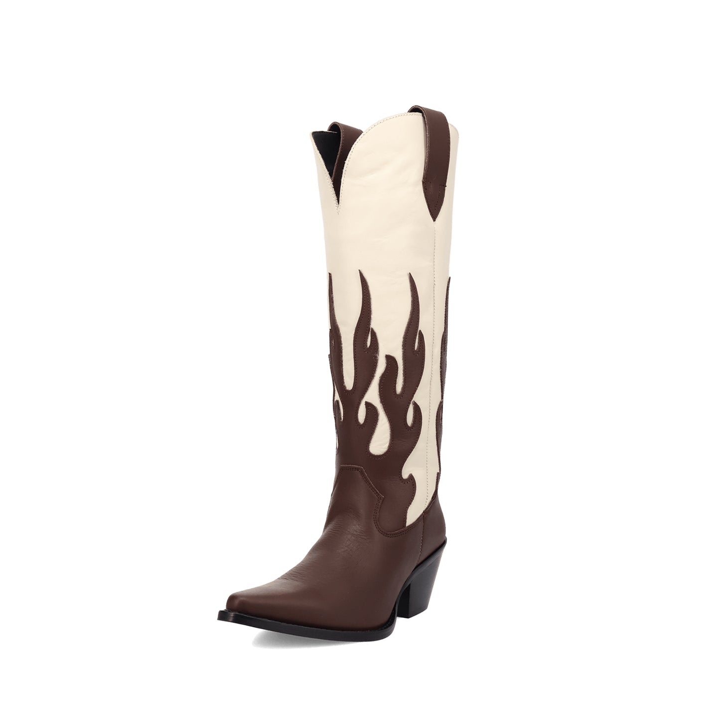 Contrast Brown And Ivory Pointed-Toe Flame Appliques Wide Calf Knee High Cowgirl Boots
