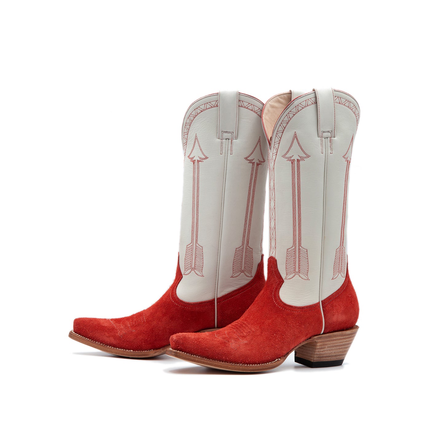Contrast Ivory And Red Faux Suede Snip-Toe Arrow Embroidery Mid Calf Cowgirl Boots