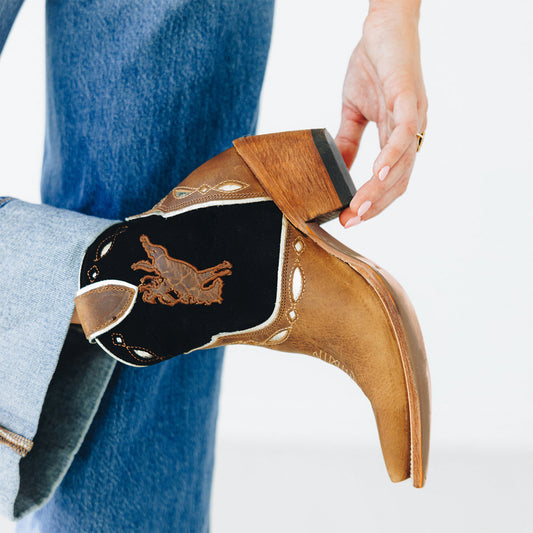 Contrast Brown And Black Faux Suede Snip-Toe Horse Embroidery Full-Zip Ankle Cowgirl Boots