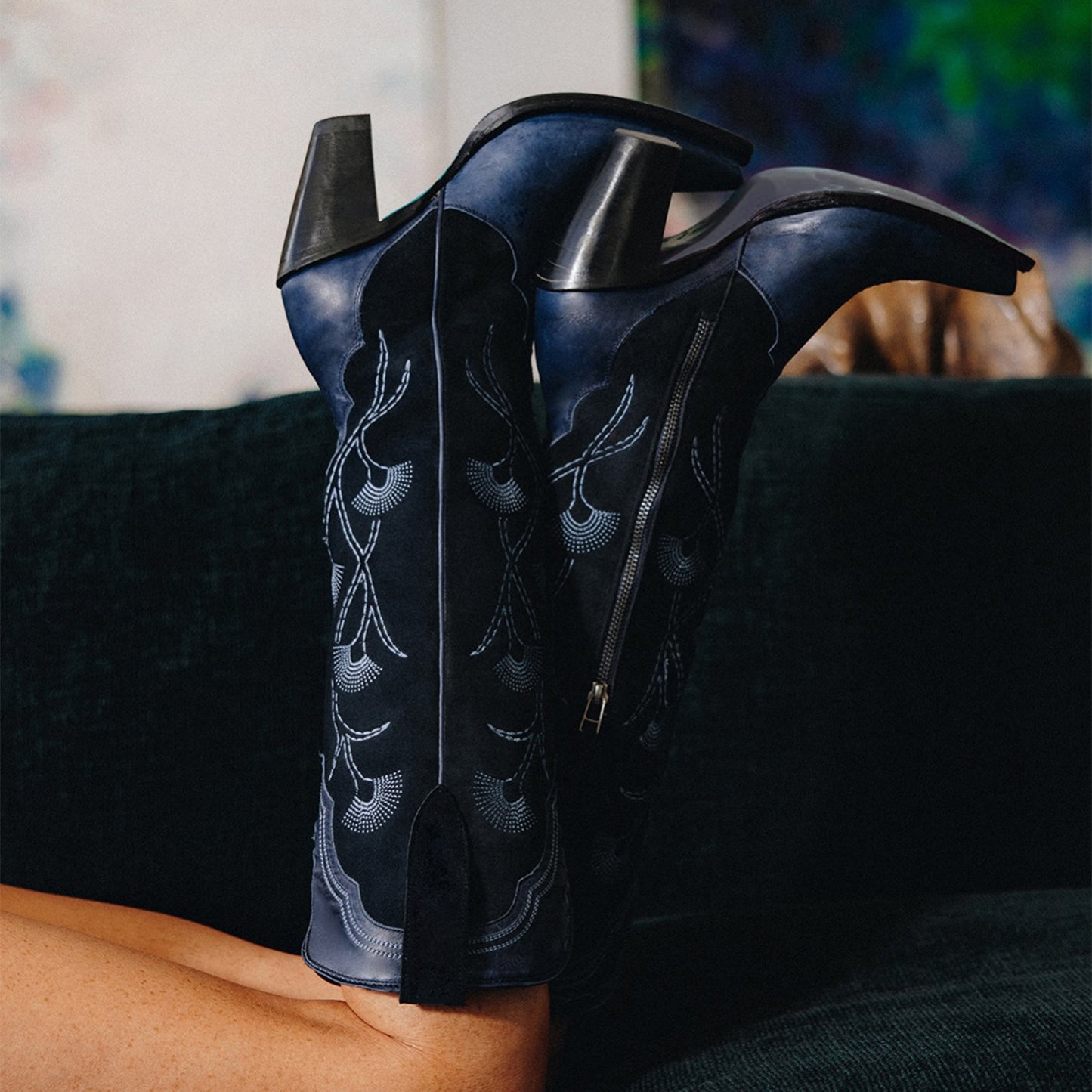 Navy Contrast Faux Suede And Vegan Leather Snip-Toe Floral Embroidery Half-Zip Knee High Cowgirl Boots