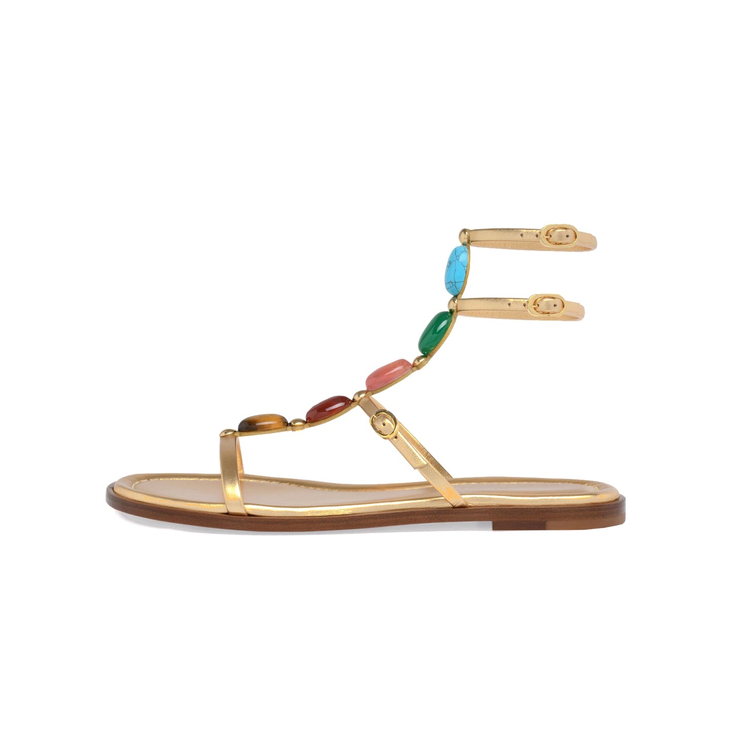 Metallic Gold Square-Toe Colorful Crystals Double Ankle Straps Flats