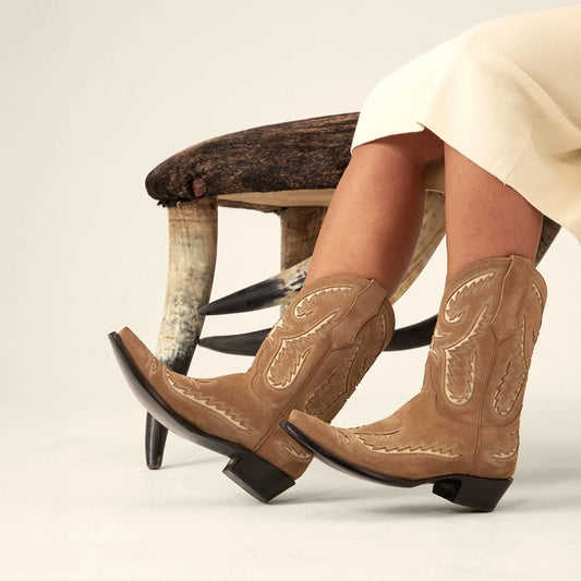 Brown Faux Suede Snip-Toe Inlays Mid Calf Cowgirl Boots