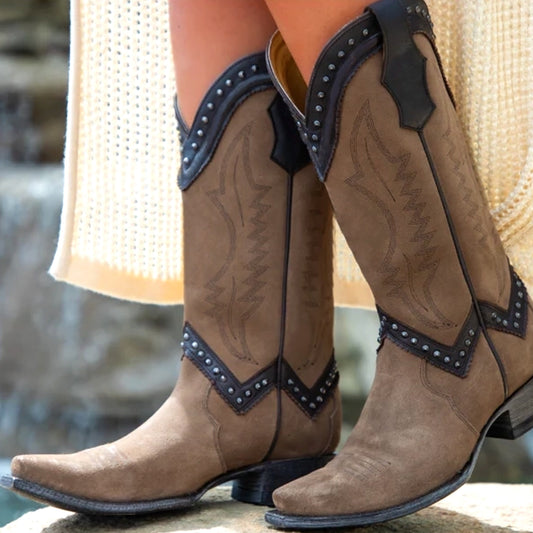 Khaki Faux Suede Snip-Toe Embroidery Studded Mid Calf Cowgirl Boots
