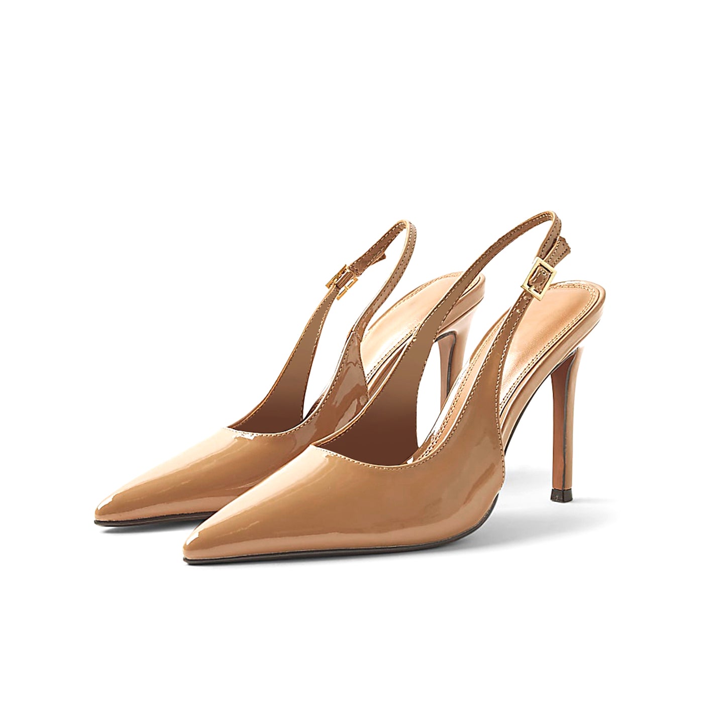Patent Beige Pointed-Toe Slingback Slip-On High Heels