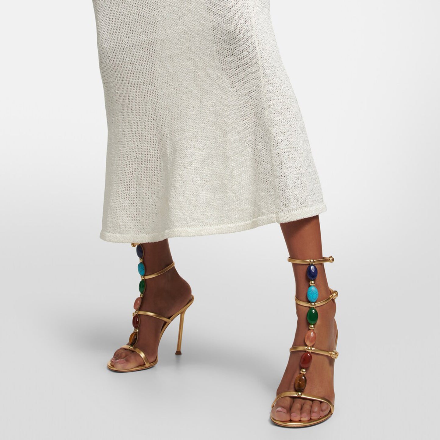 Metallic Gold Round-Toe Cage-Like Straps With Multicolored Cabochon Stones High Heels