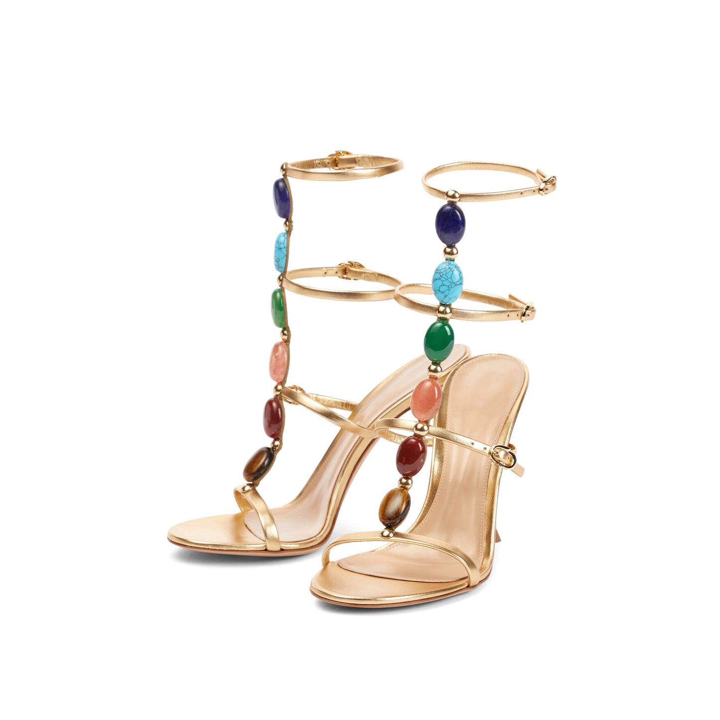 Metallic Gold Round-Toe Cage-Like Straps With Multicolored Cabochon Stones High Heels
