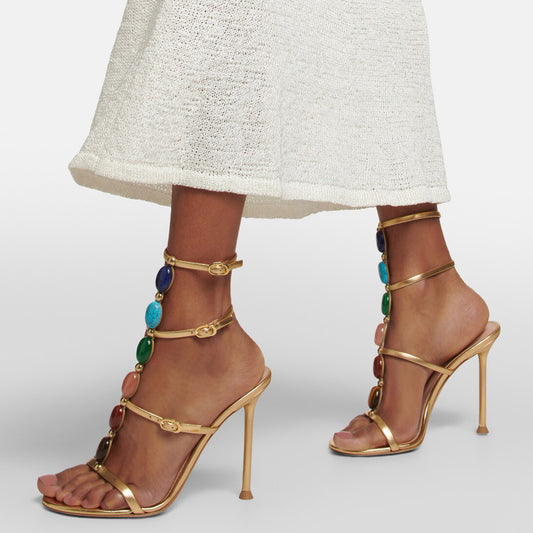 Metallic Gold Round-Toe Cage-Like Straps With Multicolored Cabochon Stones High Heels
