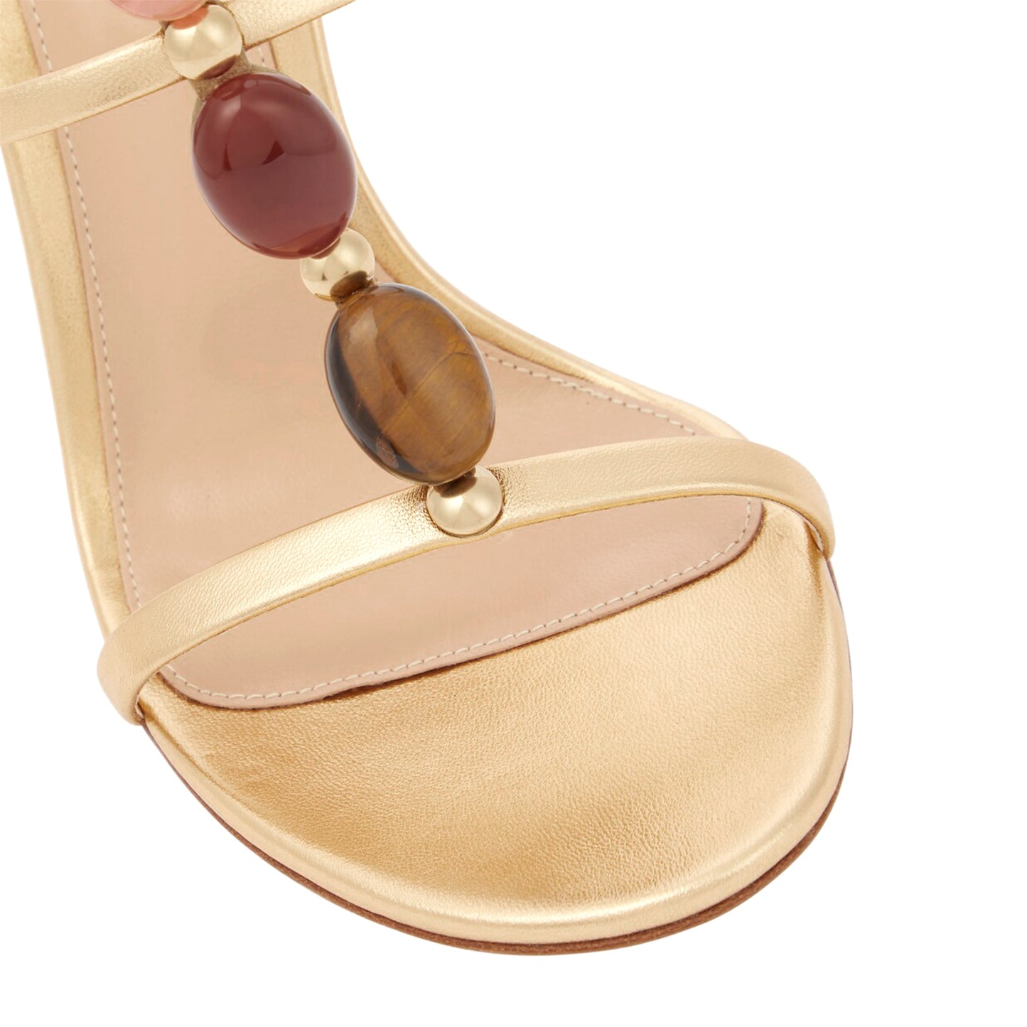 Metallic Gold Round-Toe Cage-Like Straps With Multicolored Cabochon Stones High Heels