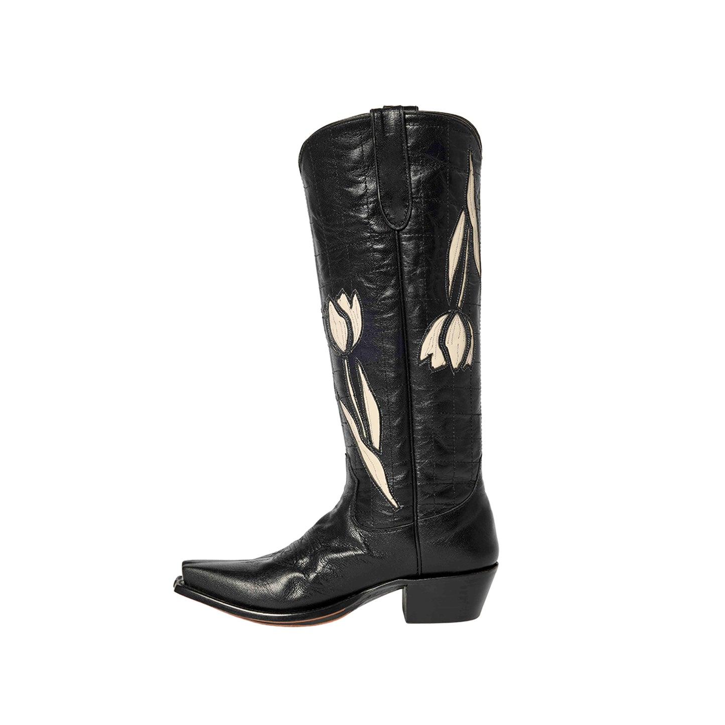 Black Snip-Toe Tulip Inlay Knee High Wide Calf Cowgirl Boots
