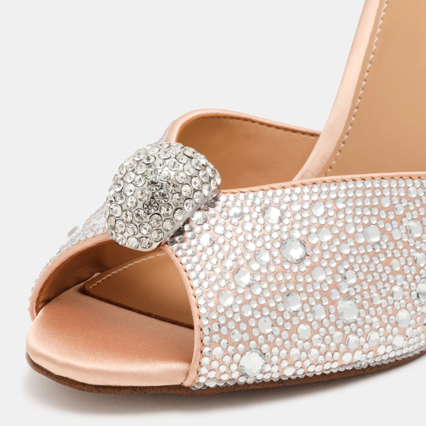 Silver Satin With Rhinestones Peep Round-Toe Slip-On Backless High Heels