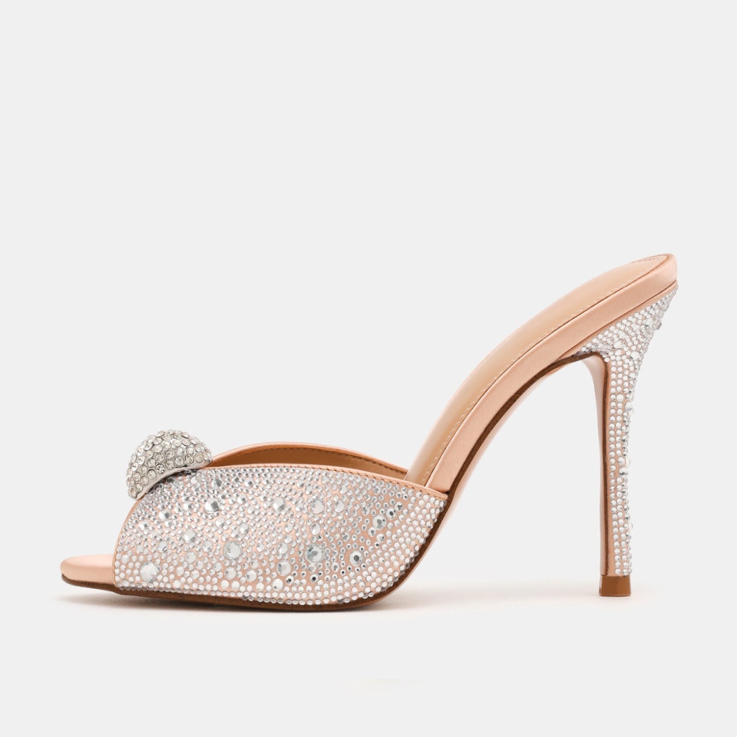 Silver Satin With Rhinestones Peep Round-Toe Slip-On Backless High Heels