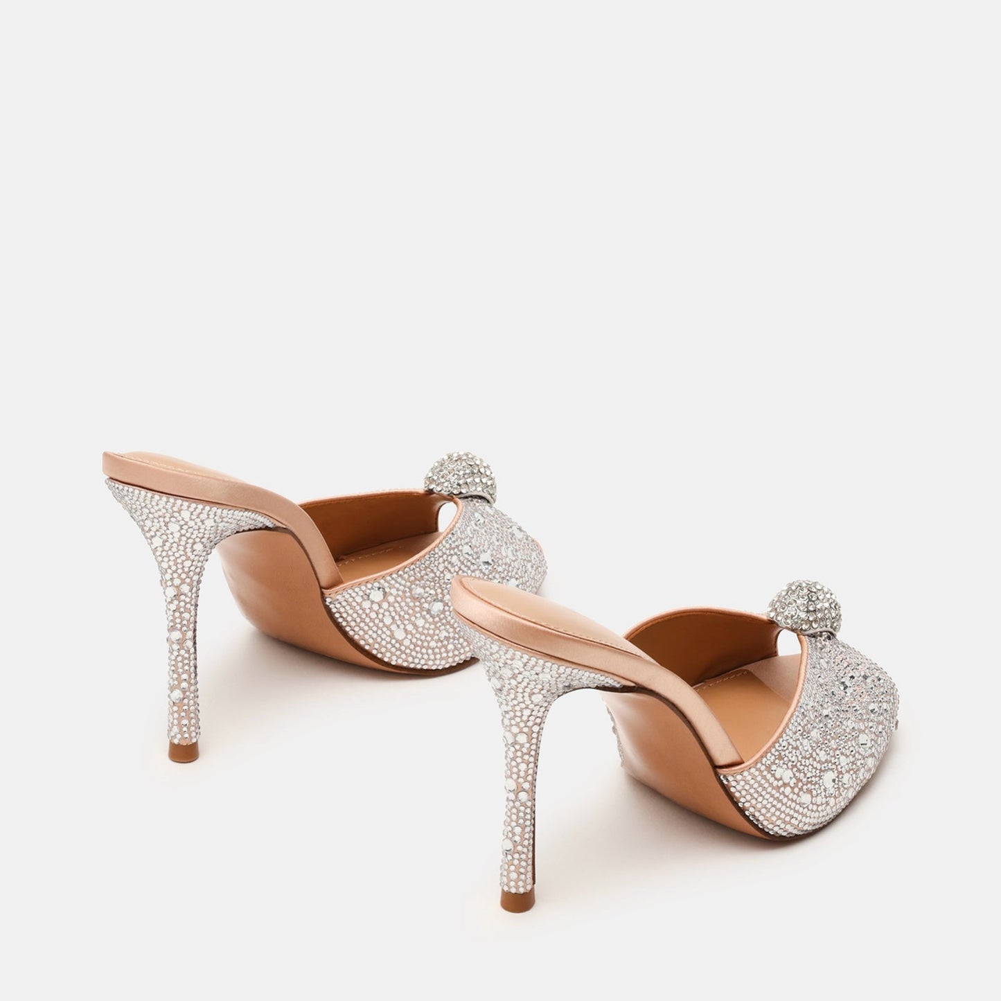 Silver Satin With Rhinestones Peep Round-Toe Slip-On Backless High Heels