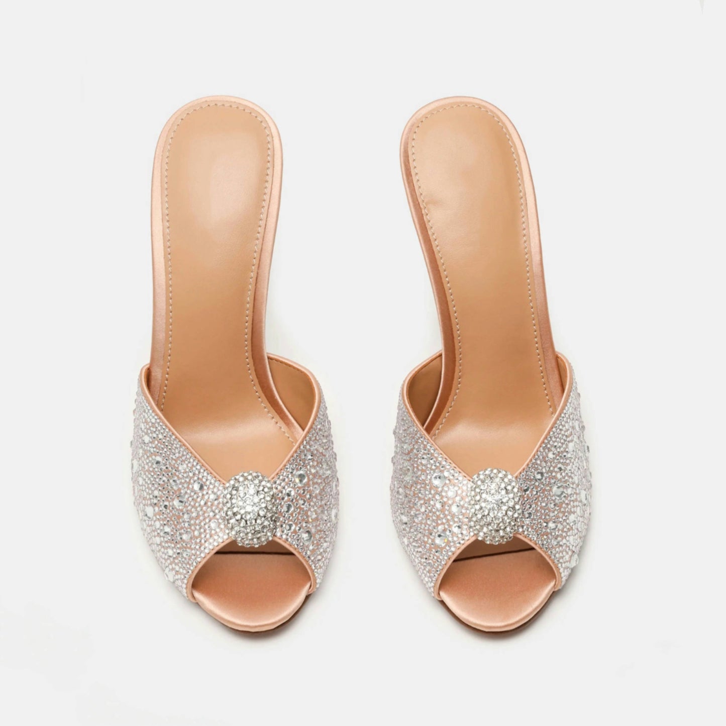 Silver Satin With Rhinestones Peep Round-Toe Slip-On Backless High Heels