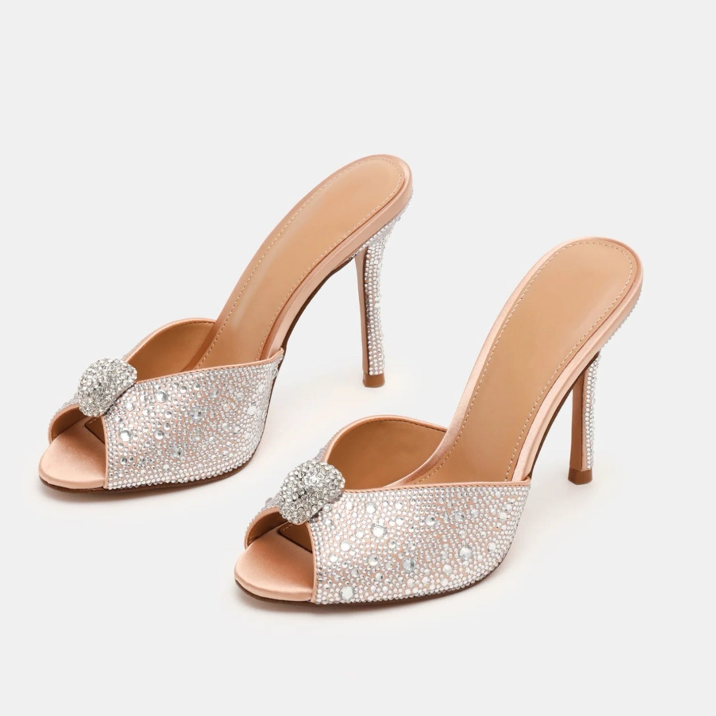 Silver Satin With Rhinestones Peep Round-Toe Slip-On Backless High Heels