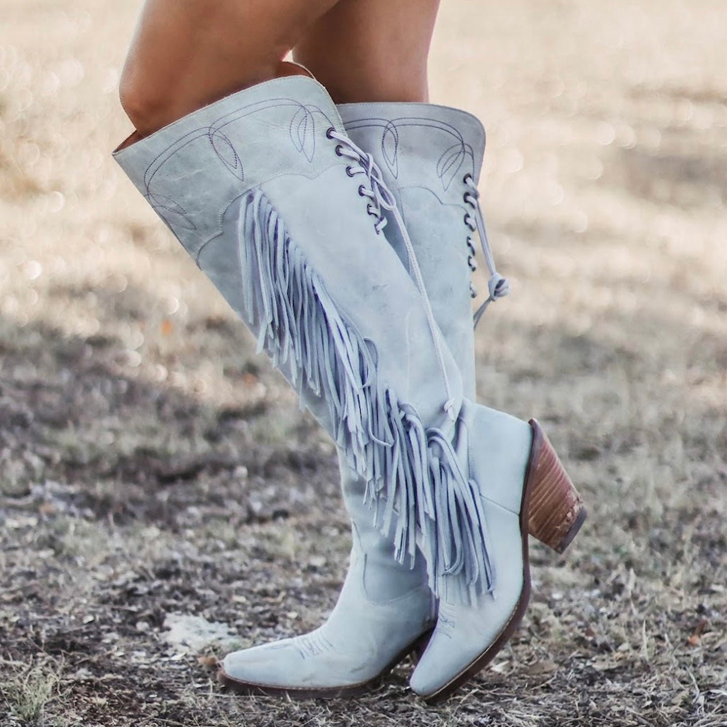 Slate Blue Snip-Toe Side Fringe And Embroidery Full-Zip Knee High Cowgirl Boots